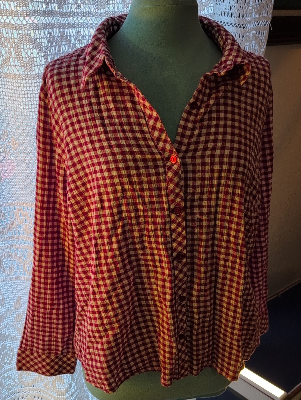 Red and White Gingham Button-Up Shirt
